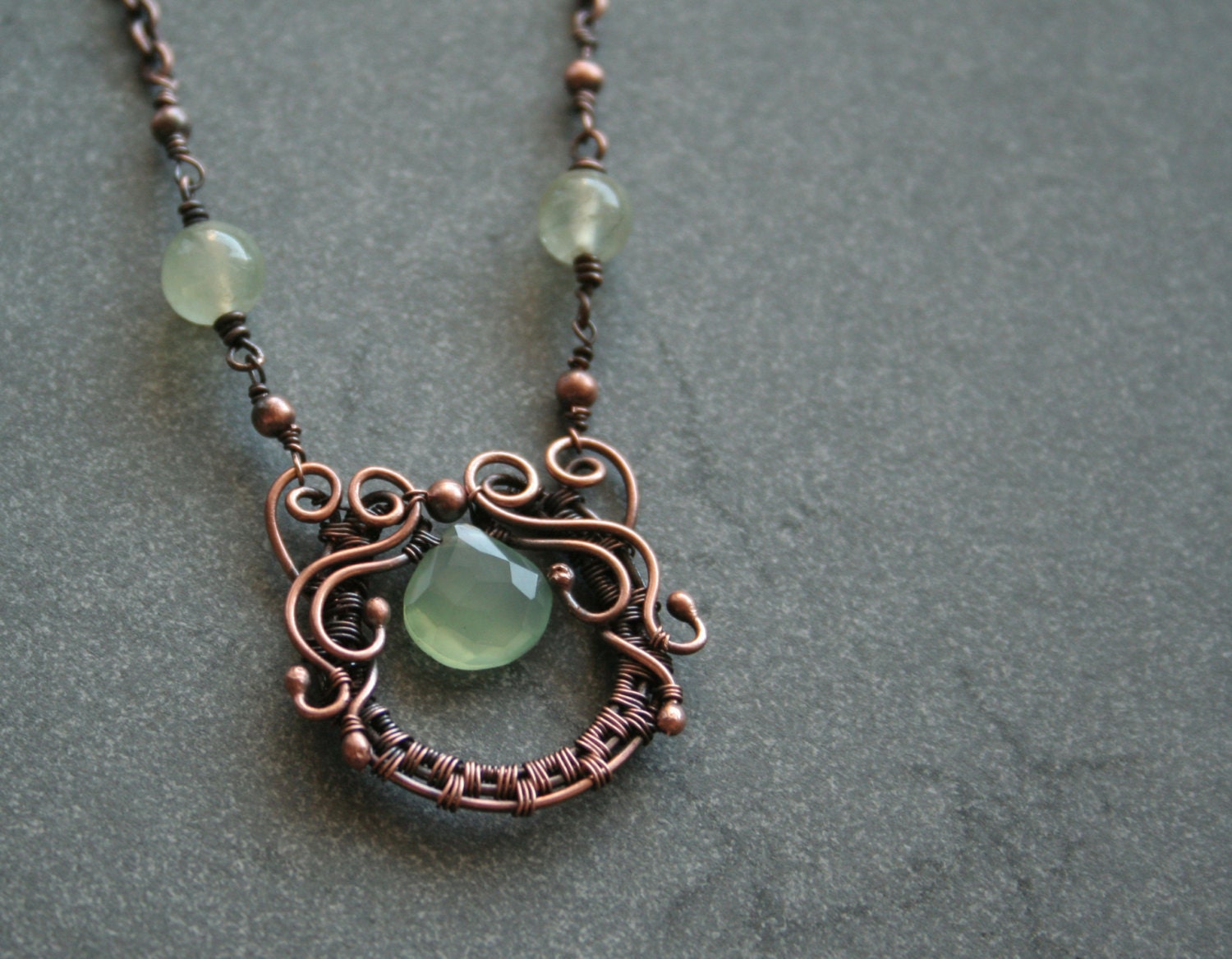 Secession - green calcedony and prehnite beads copper wire woven pendant