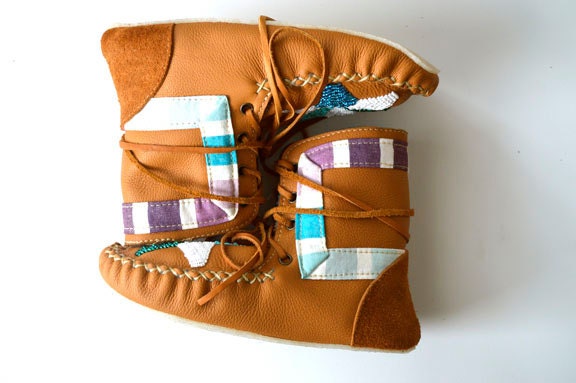 Children's handmade leather beaded wool-lined moccasin winter boots with wool felt insole and crepe rubber sole