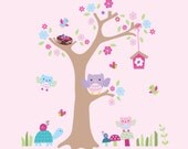 Flower pattern tan tree and forest animals - owls,birds, and turtle - Vinyl Wall Art Decal Sticker