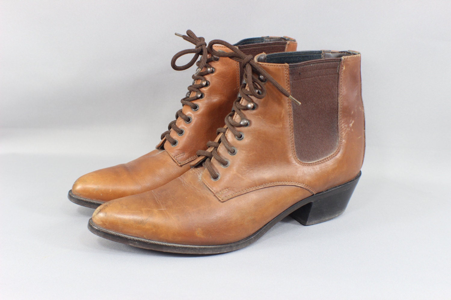 Vintage Ankle Boots Pointy Toe Leather Lace Up Boots Size 8 Women's