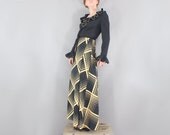 70's Dress Floor Skimmer Maxi Dress Ruffle Collar and Sleeves Black and Cream