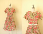 vintage 1960s dress / 60s flower garden dress / pink and green floral print shirtwaist dress / size large l