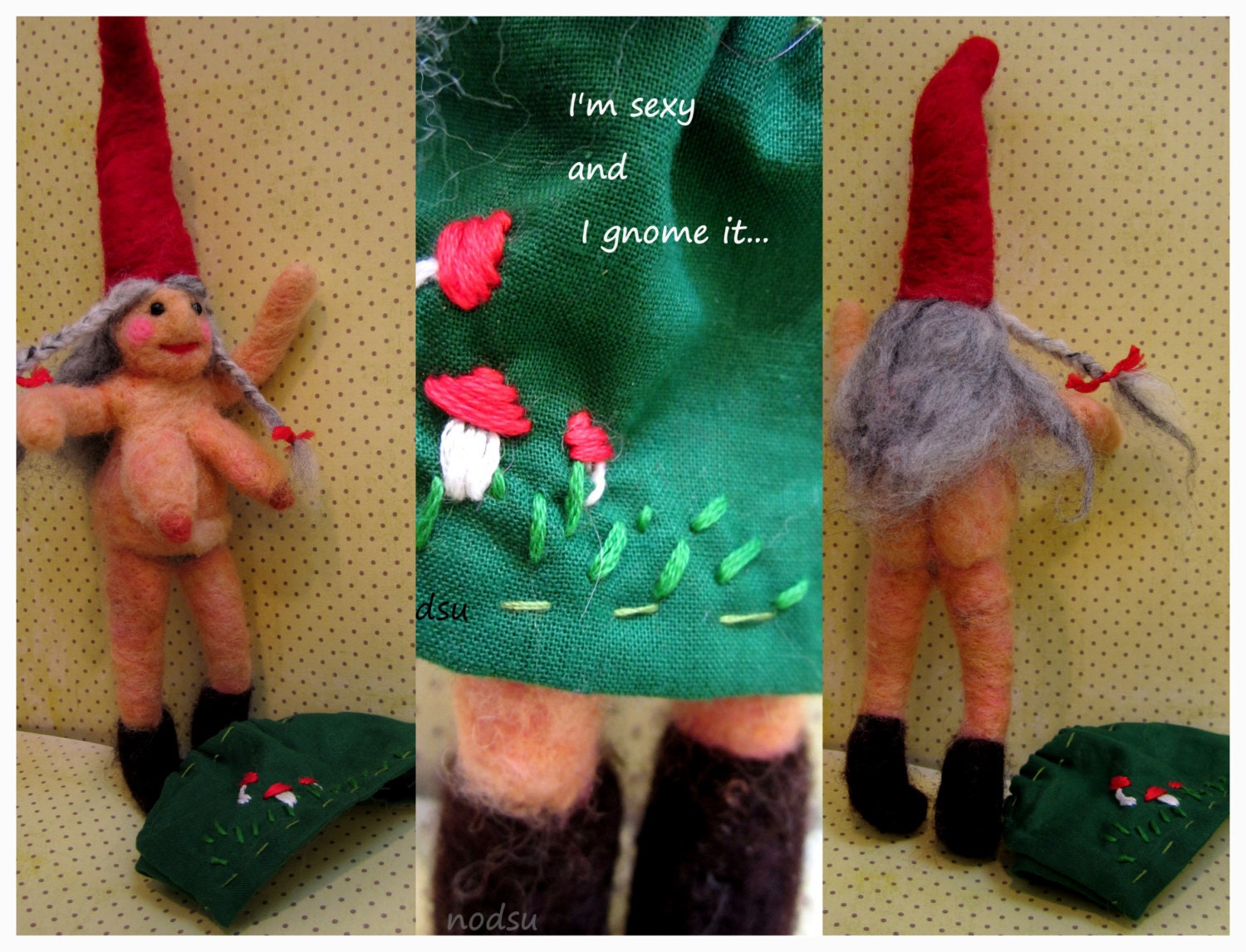 MATURE Naked felted naughty gnome wife with skirt, needle felted nekked lady, humor gift
