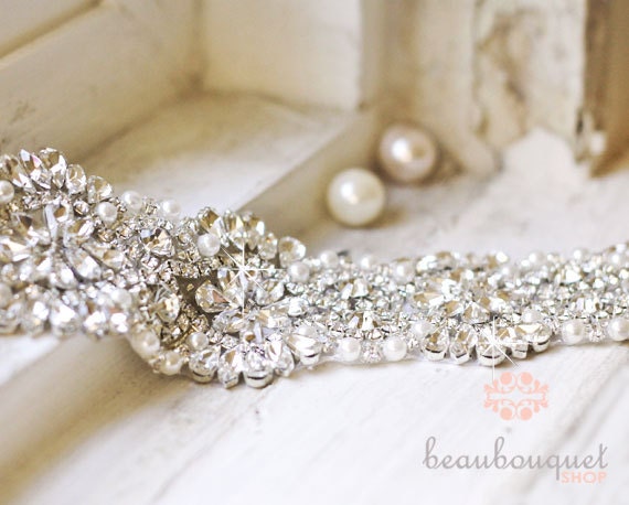 Crystal Bridal Sash Rhinestone Bridal Beaded Crystal Rhinestone Sash Wedding Sash 17"