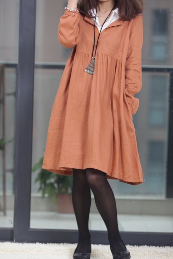 Double layer collar linen dress knee length dress