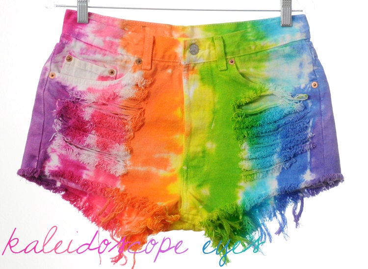 Vintage Levis 501 Colorful RAINBOW Tie Dye Dyed denim High Waist Cut Off Shorts L