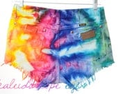 Vintage Wrangler RAINBOW Marbled Dyed Denim Destroyed High Waist Cut Off Shorts L XL