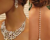 Bridal back drop bib necklace , vintage inspired rhinestone pearl necklace statement, crystal jewelry, wedding jewelry