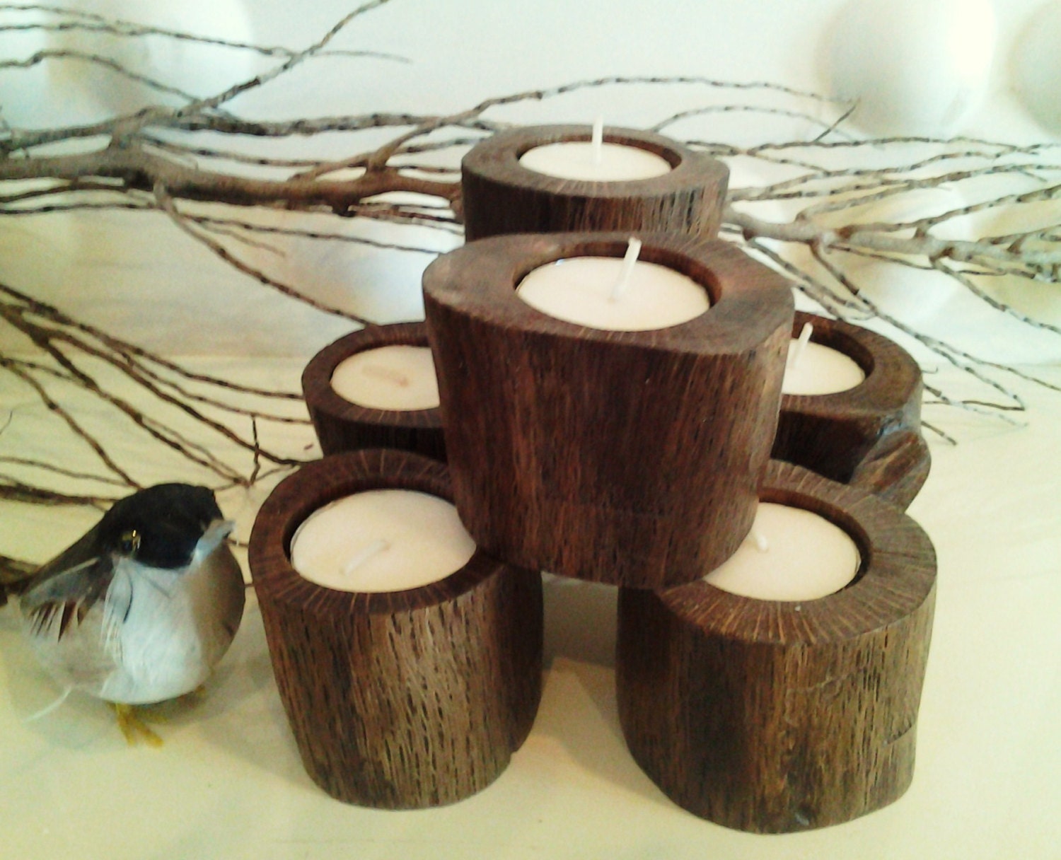 TREASURY ITEM - Set of  (6) Oak Tree trunk candleholders - Rustic Wedding -  - Home decor - Cabin decor