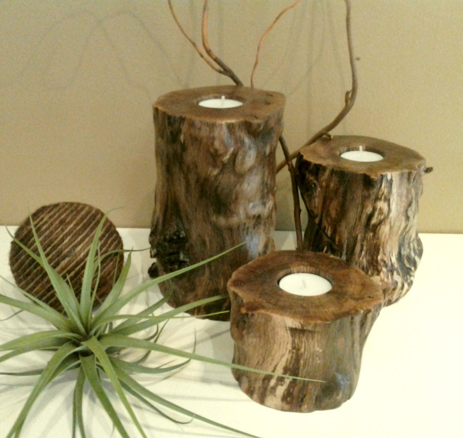 ROCKY ROAD Candle set of (3) - Unique wood tree trunk candles - One of a kind - Home decor - Cabin decor