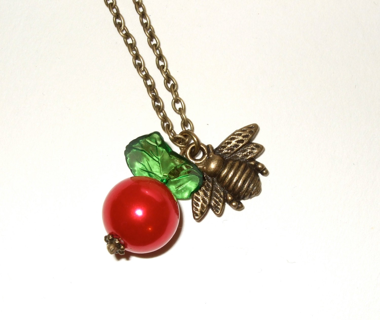 Apple Bee Necklace Red Bead Charm Fruit Jewellery Teachers Pet