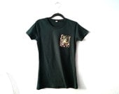 WOMEN'S pocket T-SHIRT, organic cotton. Dark grey-ocean green, floral print silk pocket
