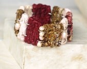 Silk & Satin Fabric Bracelet, Cuff, Embroidered with Pearls, Recycling Jewelry, OOAK