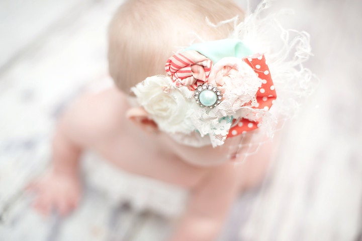 Couture rosette Headband in mint green and coral - Fabulous Photo Prop - Birthday - Baby Headband - Couture