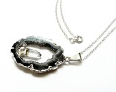 Geode Agate Slice Necklace // Gold Edged, Raw Crystal Druzy, Clear Quartz Fixed Point, Sterling Silver Chain, Black Occo