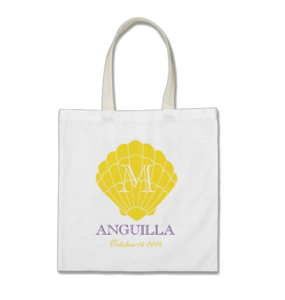Bridesmaid Beach Gift or Wedding Welcome Tote Bag - Monogram Seashell Tote Bag in Sunshine Yellow/Paradise Purple