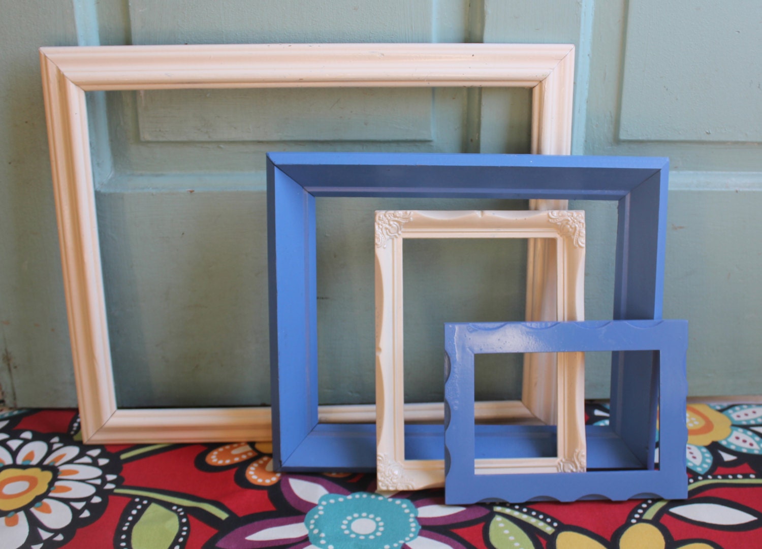 Set of 4 Vintage Frames- Cream and Blue