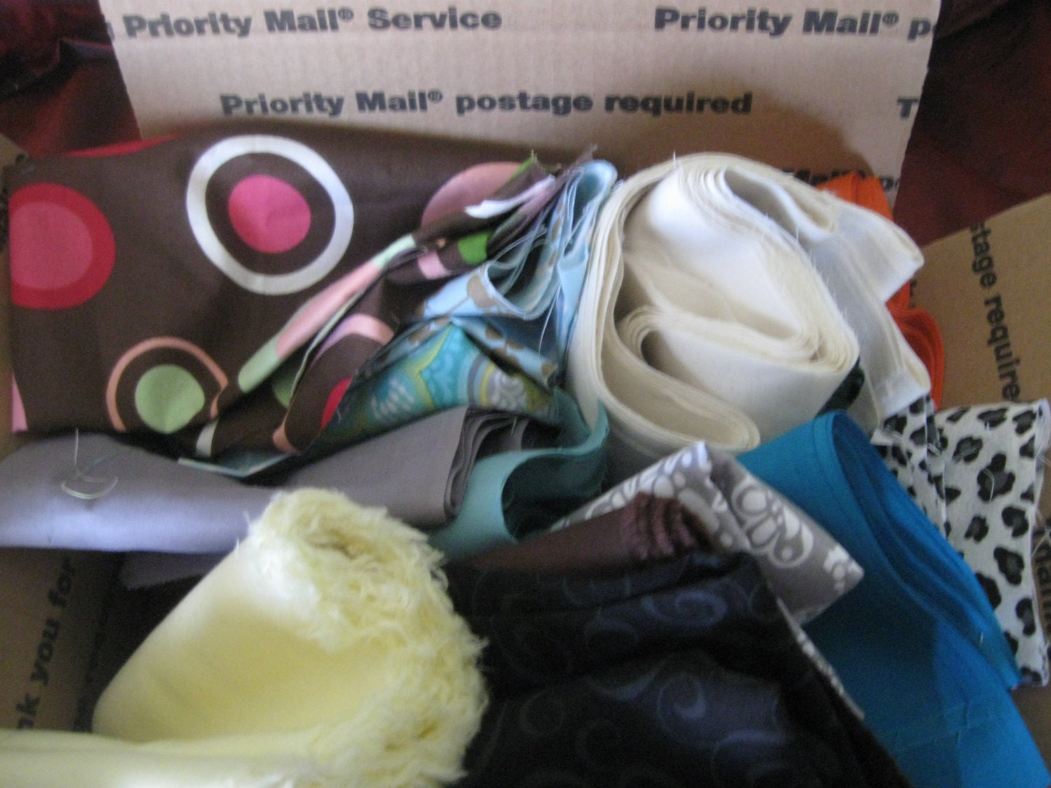 BOX FULL Fabric scraps pieces for quilting sewing doll clothes bows atr mixed media crafts