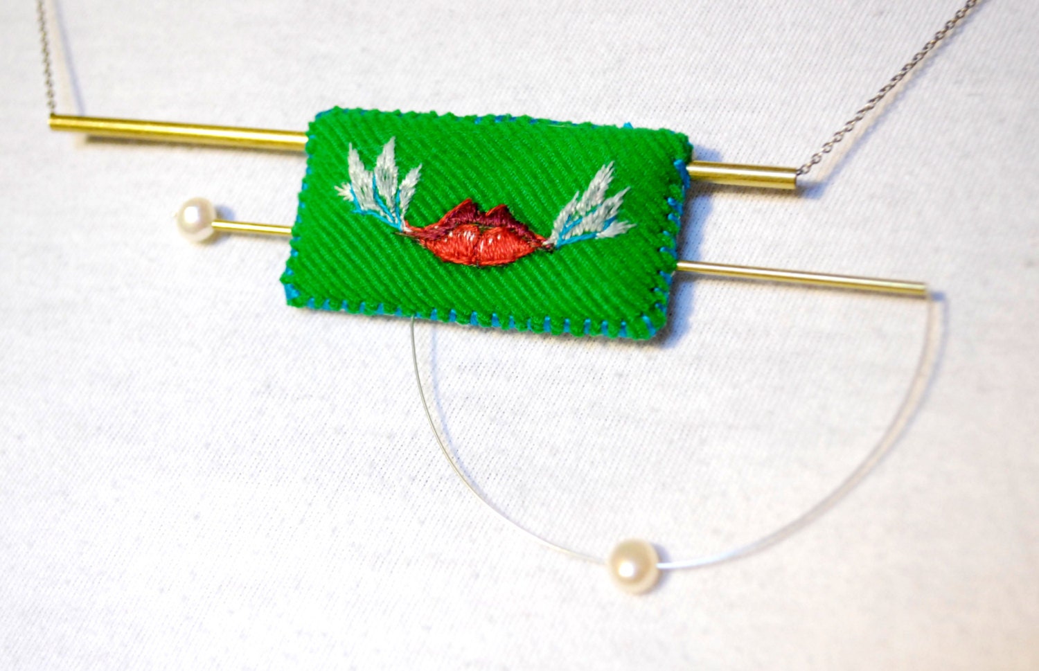Green hand-embroidered necklace:  The Serenity of Flight