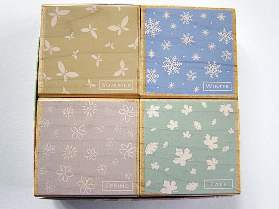 Rubber Stamps- The Seasons Wood Mounted Stamp Set of 4 - leaves snowflakes butterflies flowers - Hero Arts