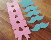 Party Pins: Gender Reveal Baby Shower - Die Cut Pink Girl Bows & Blue Boy Mustaches