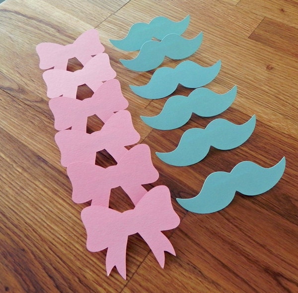 Party Pins: Gender Reveal Baby Shower - Die Cut Pink Girl Bows & Blue Boy Mustaches