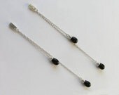 Long Dangle Post Earrings with Black Onyx - Double Chain Sterling Silver Earrings - Extra Long Earrings - Drop earrings
