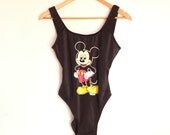 80s Black MICKEY MOUSE One peice BATHING Suit m/L