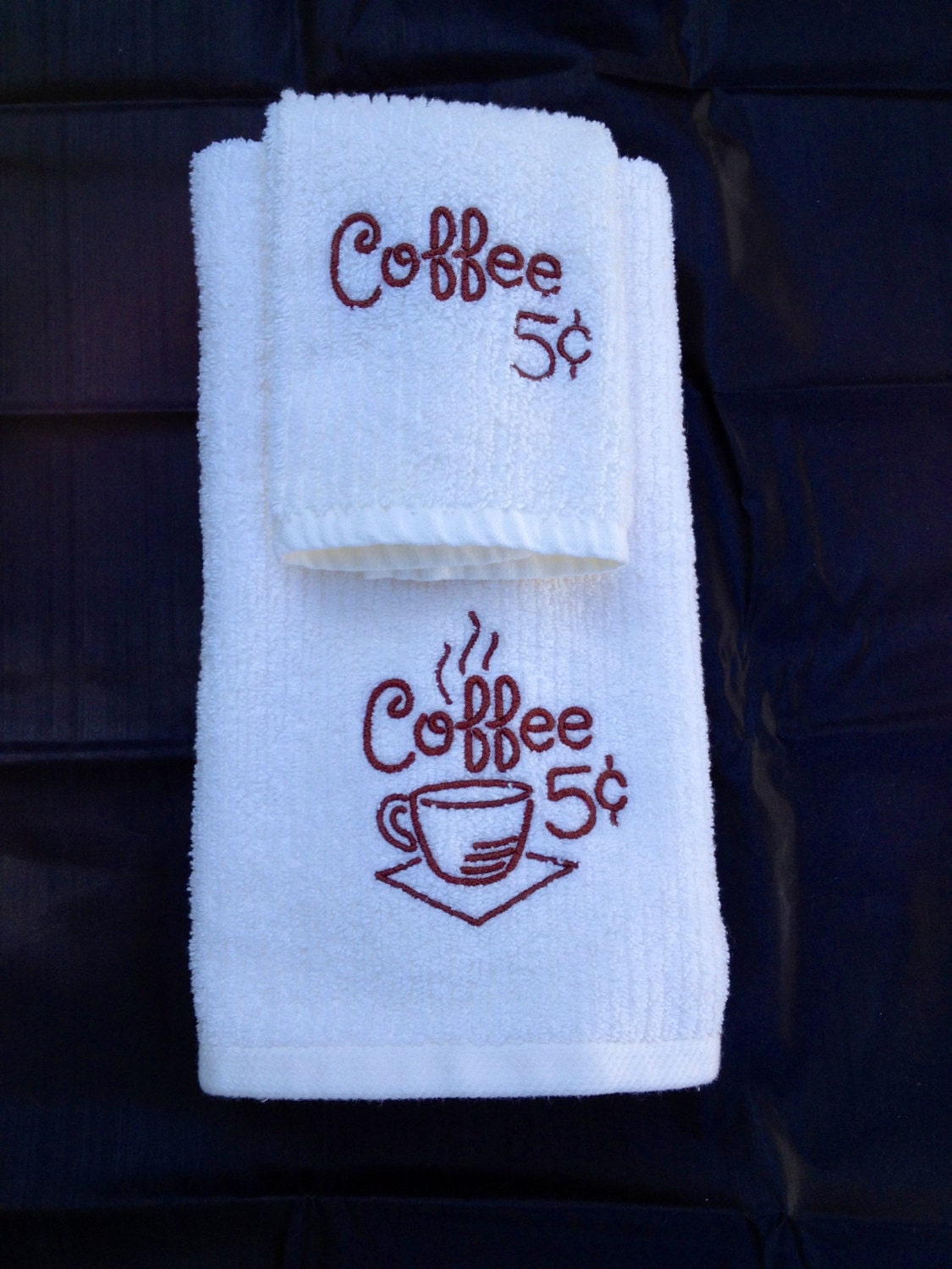Machine Embroidered, " 5 Cent Coffee Sign" Kitchen Towel and Dishcloth Set, Deorative Machine Embroidery,, Homemade
