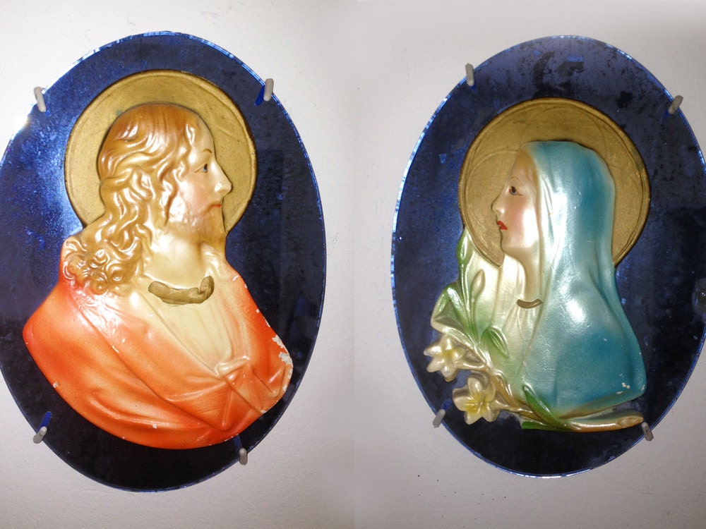 Jesus and Mary Religious Catholic Art Deco Blue Mirror Ceramic Wall Hanging Art Home Decor Vintage 1940s 40s 1950s 50s Kitsch Cool