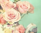 Sophisticate- Pink Roses and Teapot- Shabby Chic- Vintage Inspired- Pink and Teal- Floral Still Life- 8x10 Fine Art Print