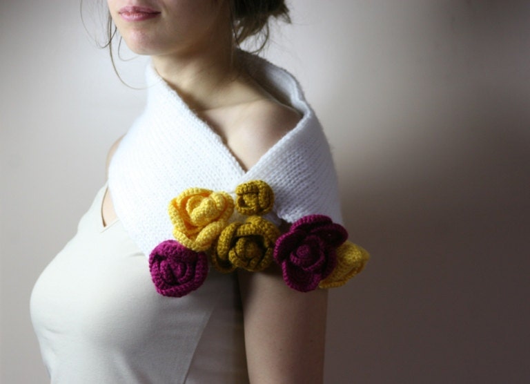 White Knit Neck warmer Scarf with Purple and Mustard Yellow Roses - Collar - Spring Fall Winter Fashion - Women Teens Accessories