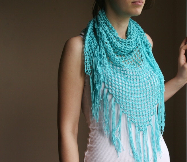 Scarf in Aqua Blue with Fringes - Pareo -Spring Summer Fashion - Women Teens Accessories - Wrap - Shawl  - Beach