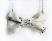 Flower Bow Necklace - Fabric Bow - Fabric Jewelry - Blue Flowers - Vintage Look Necklace - Women Bow Tie