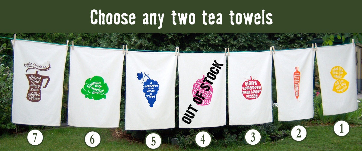 Set of 2 Tea Towels Screen Print Natural Cotton - Choose any two