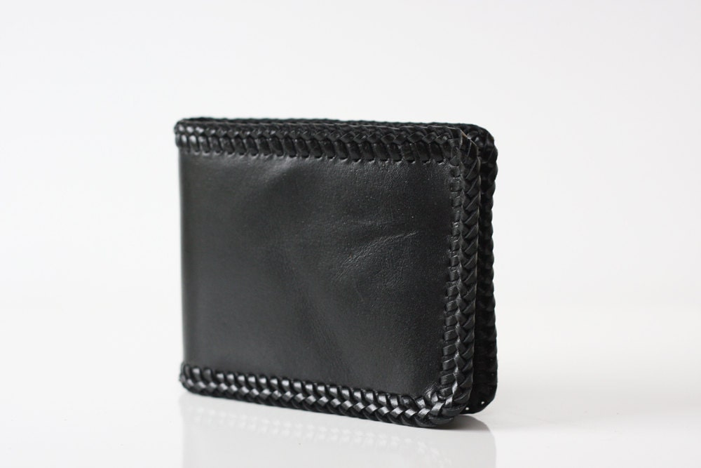 Handmade Black Hand Laced Kangaroo Leather Billfold Wallet