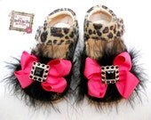 Toddler Tan Leopard Squeaky Mary Jane,Girl leather shoes with feathers ,bow and rhinestones.