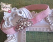 Baby Headband, Crown and pink glitter elastic headband, , Baby Girl Princess headband , Baptism,