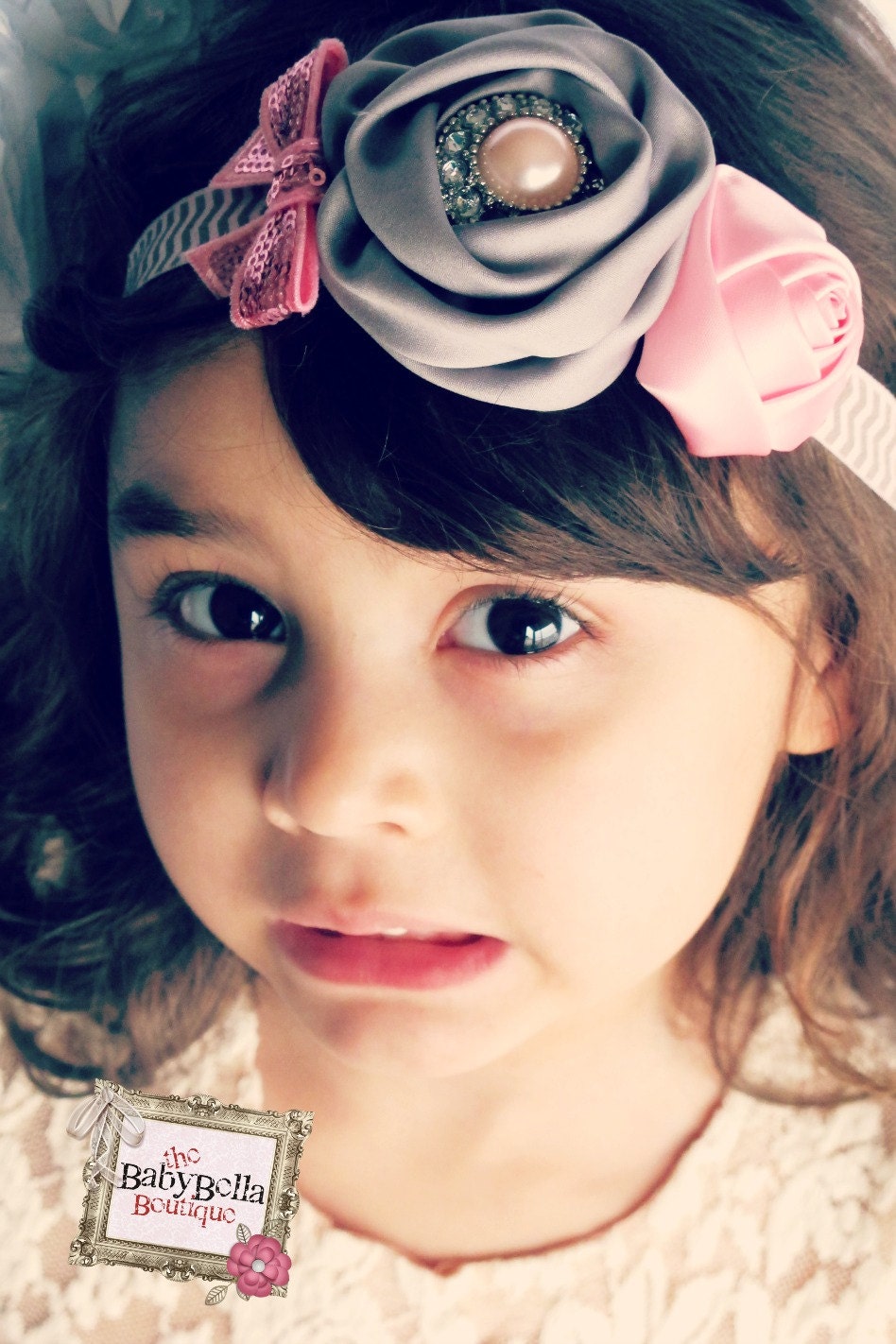 Baby Girl Heaband with pink and grey rosettes Chevron  elastic headband.