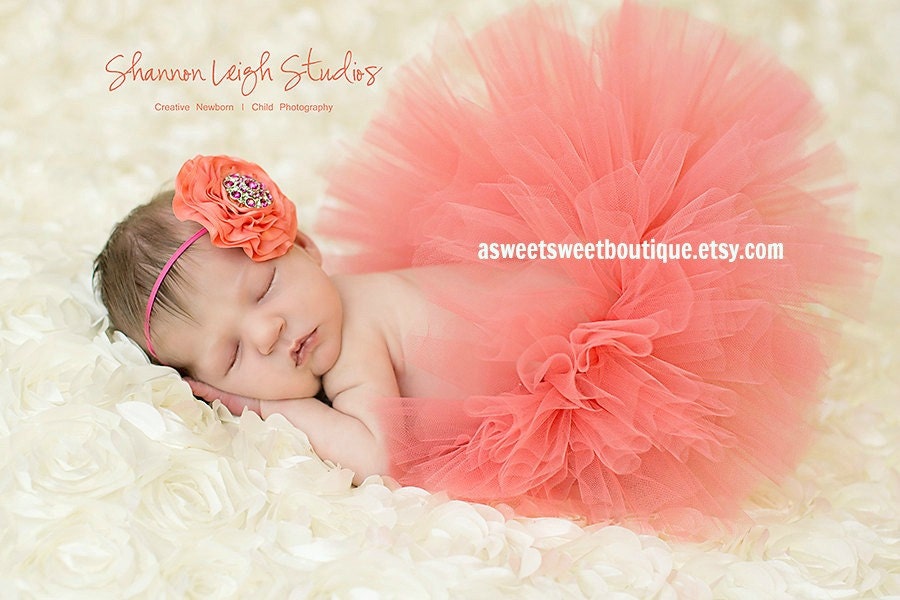 Sweet Coral Breeze Tutu Newborn Tutu Custom Made With Matching Vintage Style Flower Headband Stunning Newborn Photo Prop