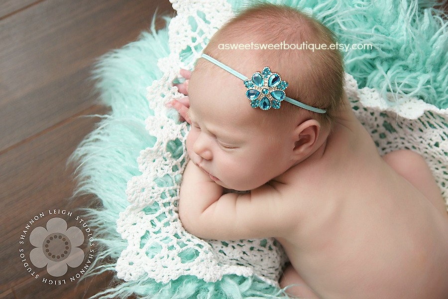 Sweet And Simple Newborn Headband In Aquamarine With Rhinestone Embellishment Stunning Vintage Style Newborn Photo Prop