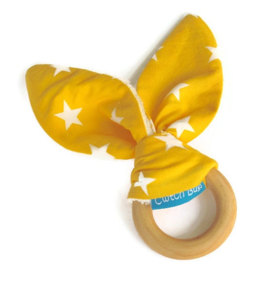 Natural Wooden Teething Ring Soother 'BUNNY' in Sunny Yellow STAR fabric and Bamboo Terry....another baby gift idea from Cwtch Bugs