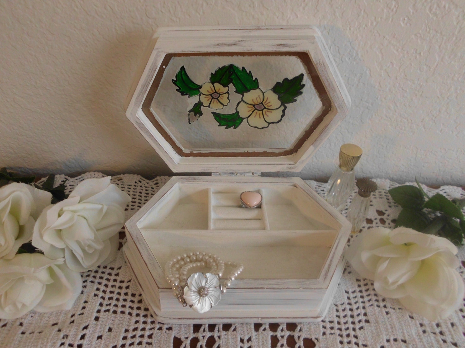 White Jewelry Box Shabby Chic Beach Cottage French Country Farmhouse Home Decor Lovely Romantic Rustic Birthday Mother's Day Gift For Her