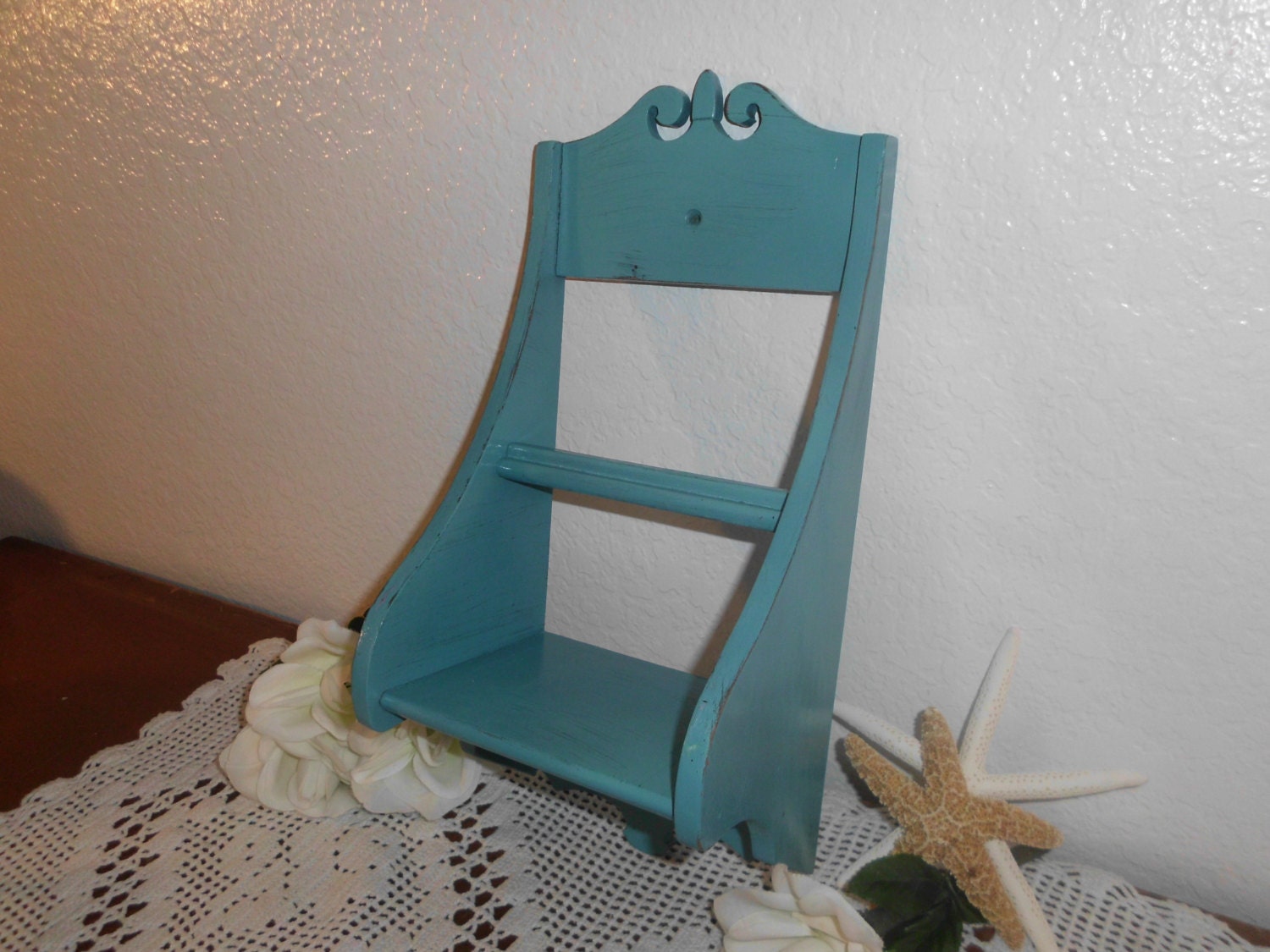 Beach House Turquoise Aqua Teal Blue Shelf Wood Wall Hanging Cottage Coastal Spa French Country Farmhouse Home Decor Upcycled Vintage