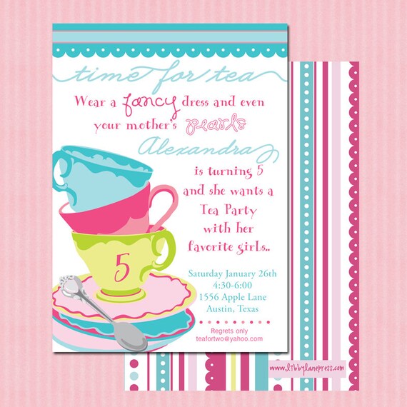 TEA PARTY, WHIMSICAL Birthday Invitation, Pink and Turquoise, Printable by Libby Lane Press Il_570xn