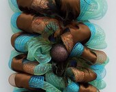 Elegant Turquoise, Teal & Brown Peacock Feathers Door/Wall Mesh  Swag Wreath