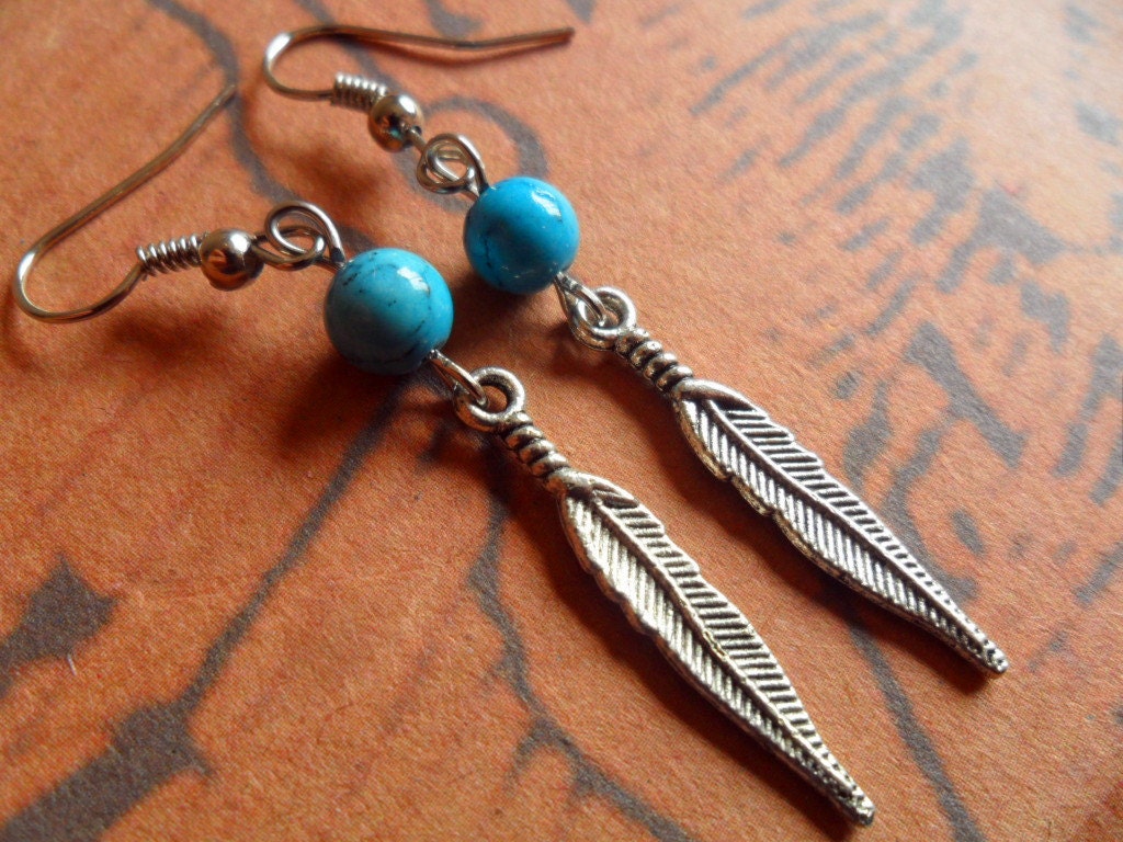 Elegance Feather Earring-  Antique Silver Feather and turquoise, Skeleton Feather Dangle Metal Earring, Minimalist woodland Forest jewelry