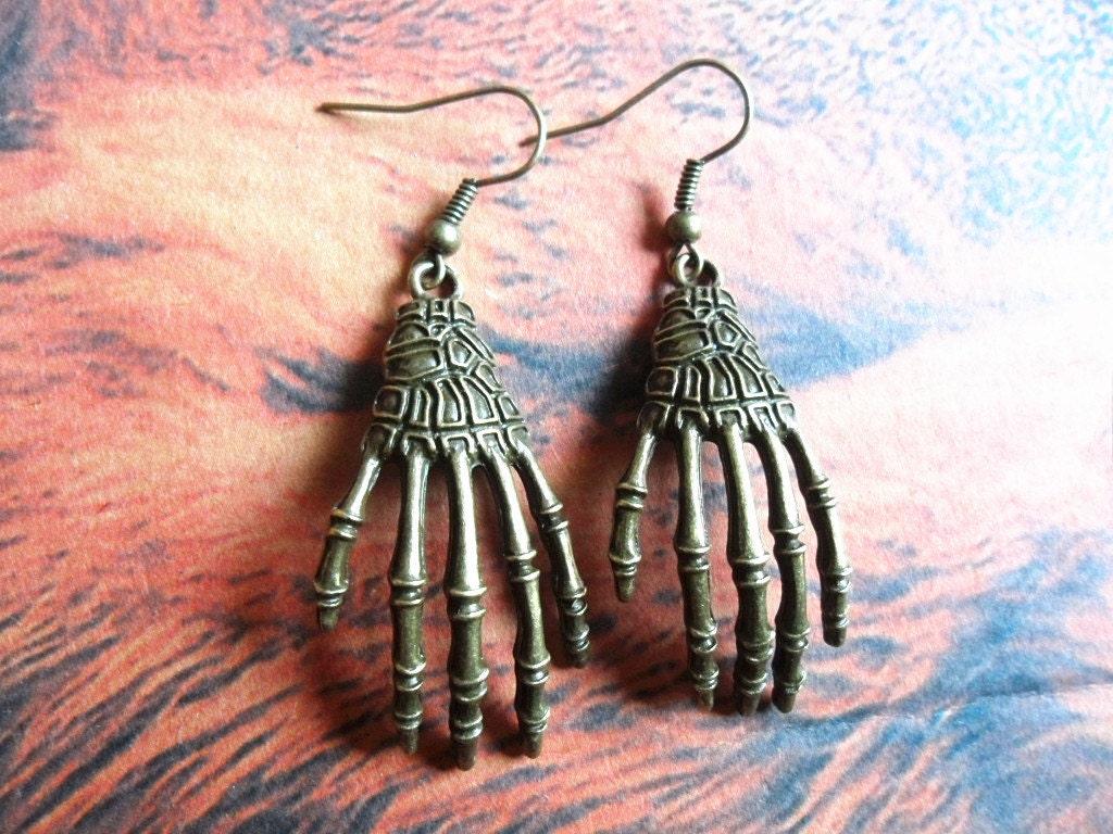 Skull Hand Earring- Bronze Miniature 3D Creepy BIG Tattoo Ghost Skeleton Metal Claw Demon Dangle Statement Earrings, Skull Jewelry