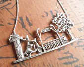 Serene Summer Necklace- Golden/Silvery Tree Farm Door Motorcycle Pretty Girl BIG Scene Story Pendant Necklace, modern fashion chic lolita