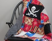 Pirate Minky Quilt, personalized label included, Patchwork Quilt, Neverland, Captain Hook, Peter Pan,  red, black, tan, blue, crib size